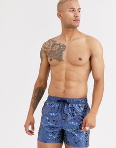 Темно-синие шорты для плавания с леопардовым принтом металлик ASOS DESIGN
