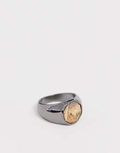 Серебристое кольцо-печатка с золотистым камнем Icon Brand