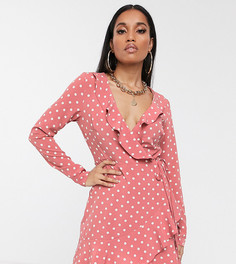 Розовое чайное платье в горошек с запахом и длинными рукавами Missguided Petite
