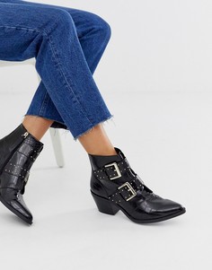 Черные ботинки с крокодиловым эффектом на каблуке Stradivarius STR