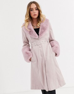 Розовое пальто из искусственной замши с меховой отделкой Missguided