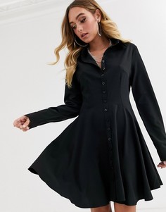 Черное приталенное платье-рубашка с длинными рукавами Missguided
