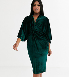 Зеленое бархатное платье миди с широкими рукавами Flounce London Plus