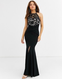 Черное платье макси с завышенной талией и кружевным топом Lipsy
