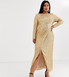 Золотистое платье макси с запахом и пайетками TFNC Plus