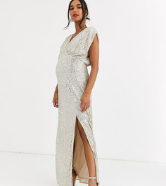 Серебристое платье макси с запахом и пайетками TFNC Maternity