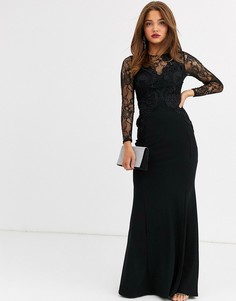 Черное платье макси с кружевным верхом Lipsy