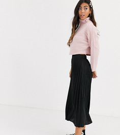Черная плиссированная атласная юбка миди New Look Petite