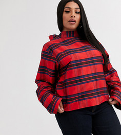 Клетчатый топ из тафты с длинными рукавами и завязкой ASOS DESIGN Curve
