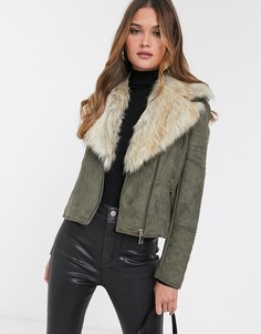 Байкерская куртка из искусственной замши цвета хаки с меховым воротником River Island