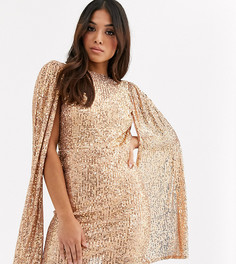 Золотистое платье мини с пайетками и складками на рукавах TFNC Petite