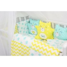 Комплект в кроватку By Twinz с игрушками Котики мята-желтый, 4 предм.