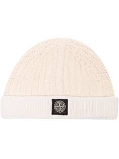 Stone Island White wool knit beanie hat