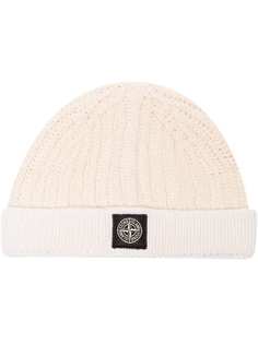 Stone Island White wool knit beanie hat