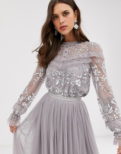 Серая блузка с вышивкой, пуговицами и прозрачными рукавами Needle & Thread