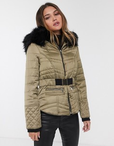 Стаганая куртка цвета хаки с искусственным мехом River Island
