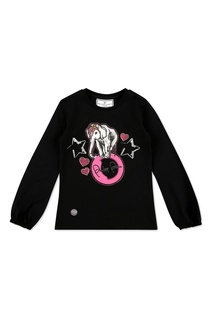 Черный лонгслив с бело-розовыми рисунком Philipp Plein Kids