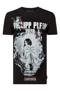 Черная футболка с тематическим принтом и надписями Philipp Plein