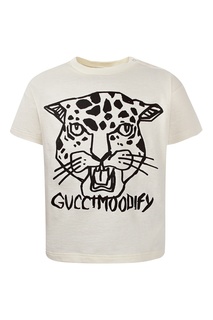 Белая футболка с черными рисунками Gucci Kids