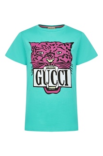 Бирюзовая футболка с фиолетовым рисунком Gucci Kids