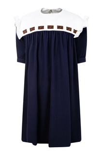 Синее платье с белым верхом и рюшами Fendi Kids