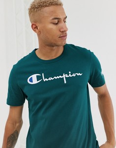 Сине-зеленая футболка с большим логотипом-надписью Champion