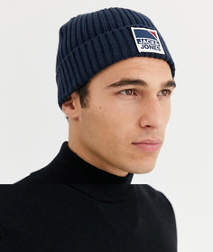 Темно-синяя шапка-бини в рубчик с логотипом Jack & Jones