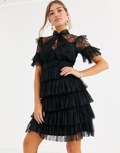 Черное кружевное ярусное платье мини By Malina