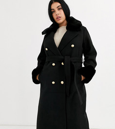 Черное пальто-халат с манжетами из искусственного меха River Island Plus