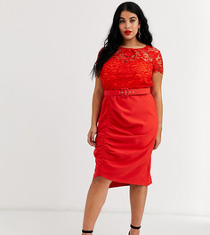 Красное платье миди с кружевным топом и поясом Paper Dolls Plus