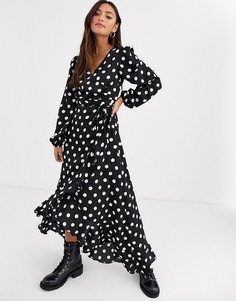 Черное платье миди с длинными рукавами в горошек New Look