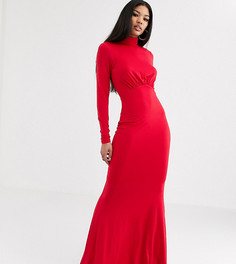 Красное платье макси с высоким воротником и сборкой Flounce London