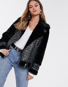 Темно-синяя куртка из искусственной замши с искусственным мехом River Island