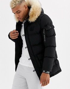 Черная дутая парка с искусственным мехом на капюшоне SikSilk