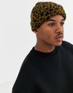 Коричневая шапка-бини с леопардовым принтом ASOS DESIGN