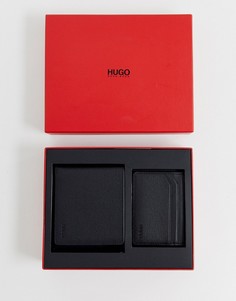 Подарочный набор из кожаного бумажника и кошелька для карт черного цвета HUGO