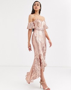 Платье миди цвета розового золота с широким вырезом и пайетками Bariano