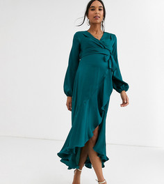 Зеленое атласное платье миди с запахом Flounce London Maternity