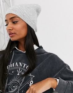 Серая шапка-бини с искусственным жемчугом Stradivarius