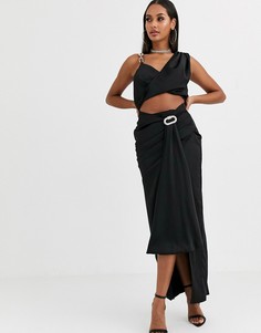 Черная атласная драпированная юбка макси от комплекта Missguided