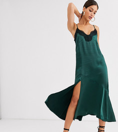 Атласное платье-комбинация миди изумрудного цвета Y.A.S Tall