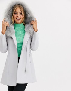 Серое пальто с капюшоном и отделкой из искусственного меха Forever New