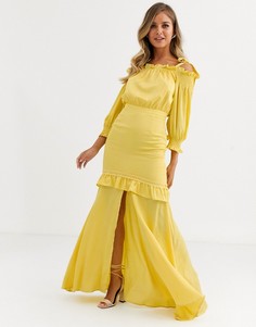 Золотисто-желтое ярусное платье макси с отделкой на плечах Dark Pink