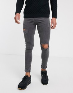 Серые супероблегающие джинсы с рваной отделкой New Look