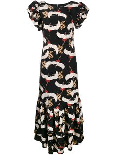 De La Vali платье макси с оборками и принтом птиц