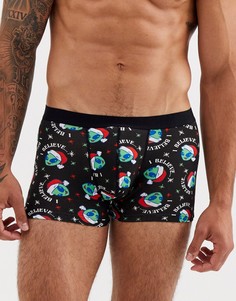 Черные боксеры-брифы с принтом пришельцев в новогоднем стиле ASOS DESIGN