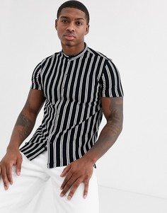 Черная рубашка в полоску с воротником на пуговице Bershka Join Life