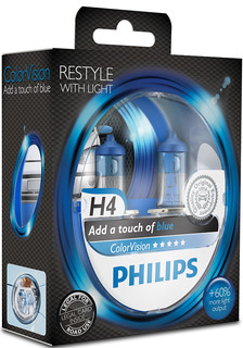 Лампа автомобильная Philips H4 12V- 60/55W (P43t) (белый свет-отен.голуб. в фар.нелинз.) Color Vision 2шт