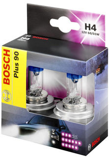 Лампа автомобильная Bosch H4 12V- 60/55W (P43t) ( +90% света) Plus 90 2шт