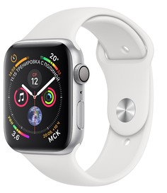 Умные часы Apple Watch Series 4, 44 мм, корпус из серебристого алюминия, спортивный ремешок белого цвета (серебристый)